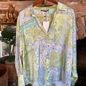 🆕 Zara Satin Effect Light Green and Blue Paisley Patchwork Button-Down Shirt XXL